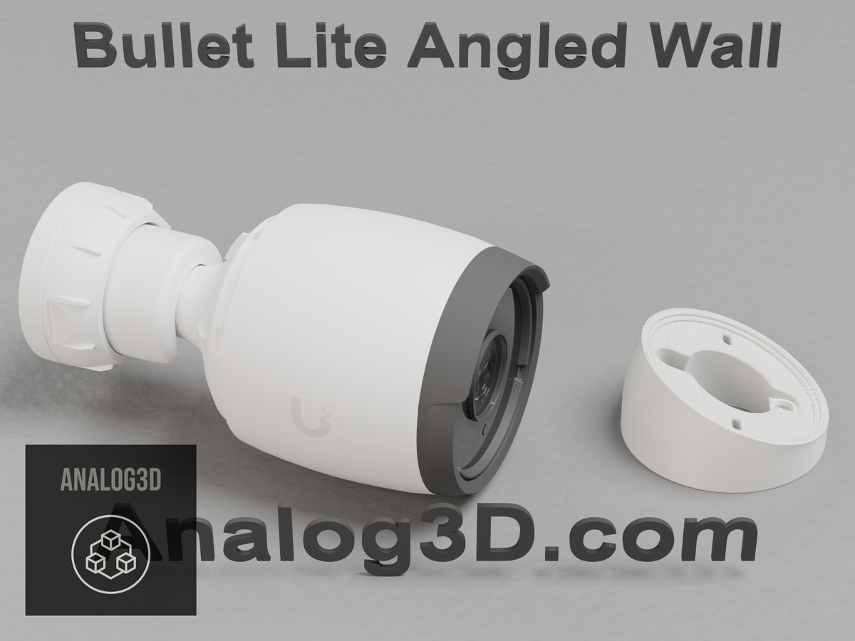 Ubiquiti UVC-Bullet camera next to its 3D printed 22 degree angled wall mount lite, white PETG - Analog3D