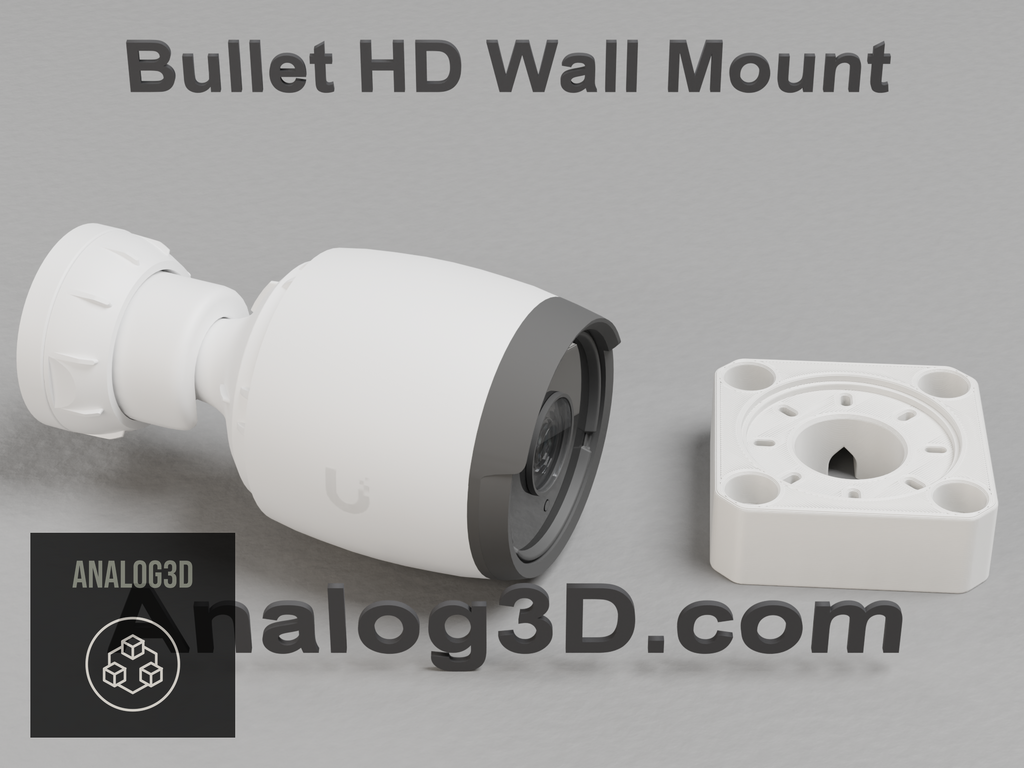 Ubiquiti UVC-Bullet camera next to its 3D printed heavy duty wall mount, white PETG - Analog3D