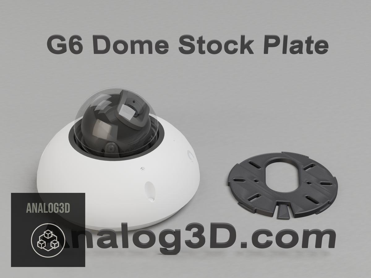 Ubiquiti UVC-G6-Dome camera next to its 3D printed replacement stock mounting plate in black OPM PCTG - Analog3D