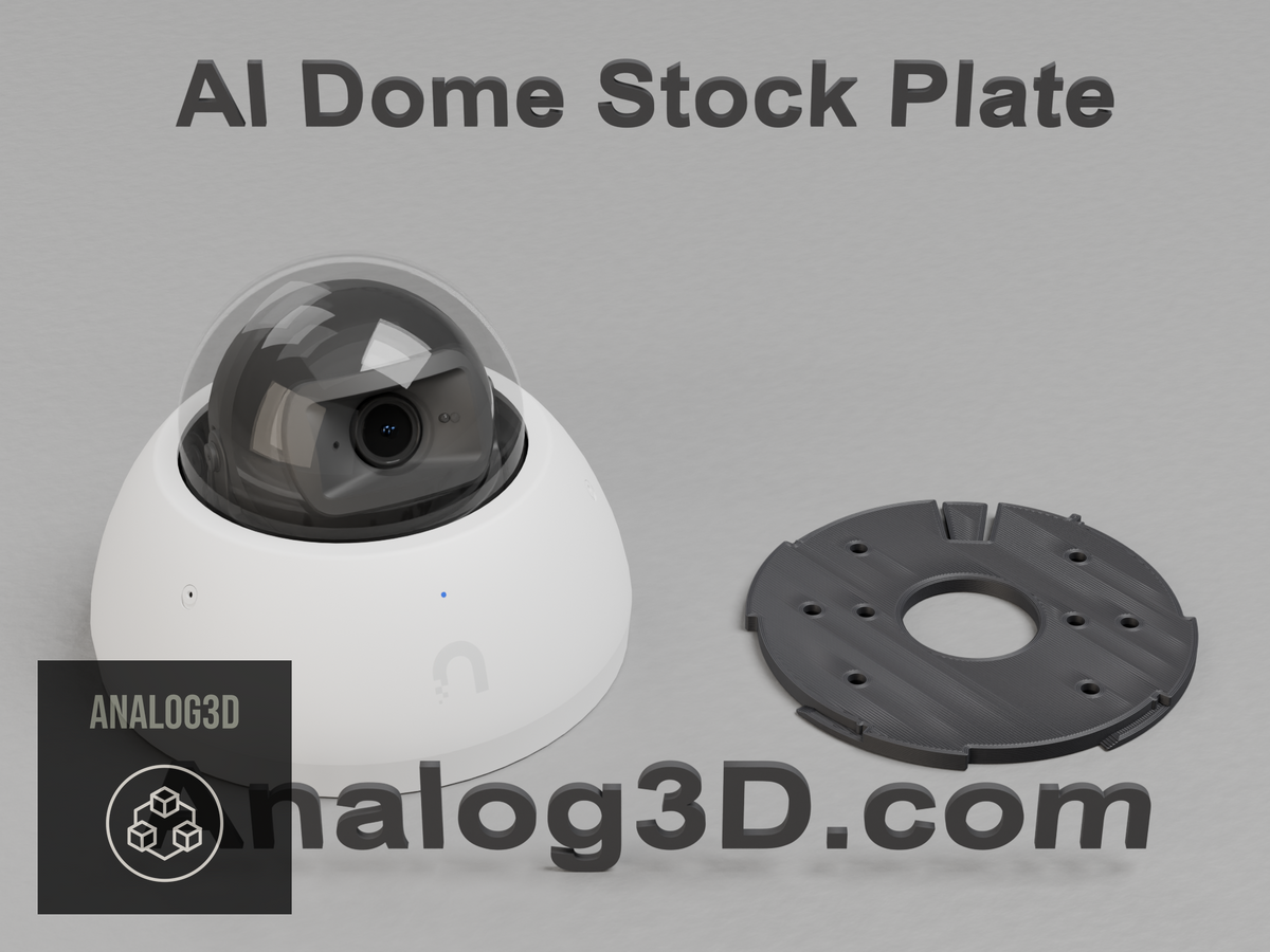 Ubiquiti UVC-AI-Dome camera next to its 3D printed replacement stock mounting plate in black OPM PCTG - Analog3D