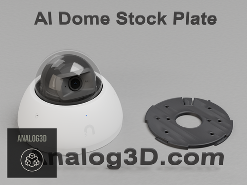 Ubiquiti UVC-AI-Dome camera next to its 3D printed replacement stock mounting plate in black OPM PCTG - Analog3D
