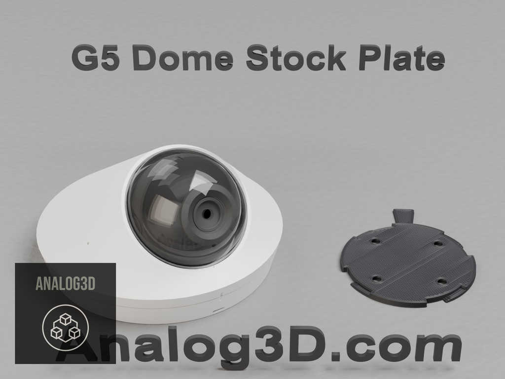 Ubiquiti UVC-G5-Dome camera next to its 3D printed replacement stock mounting plate in black OPM PCTG - Analog3D