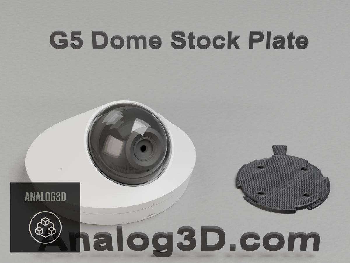 Ubiquiti UVC-G5-Dome camera next to its 3D printed replacement stock mounting plate in black OPM PCTG - Analog3D