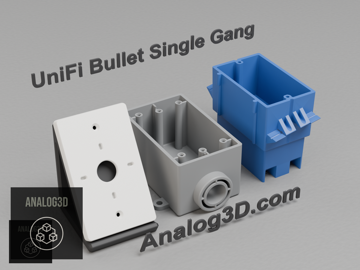 3D printed UniFi Bullet single gang electrical box adapter on a display stand with SG junction boxes - Analog3D