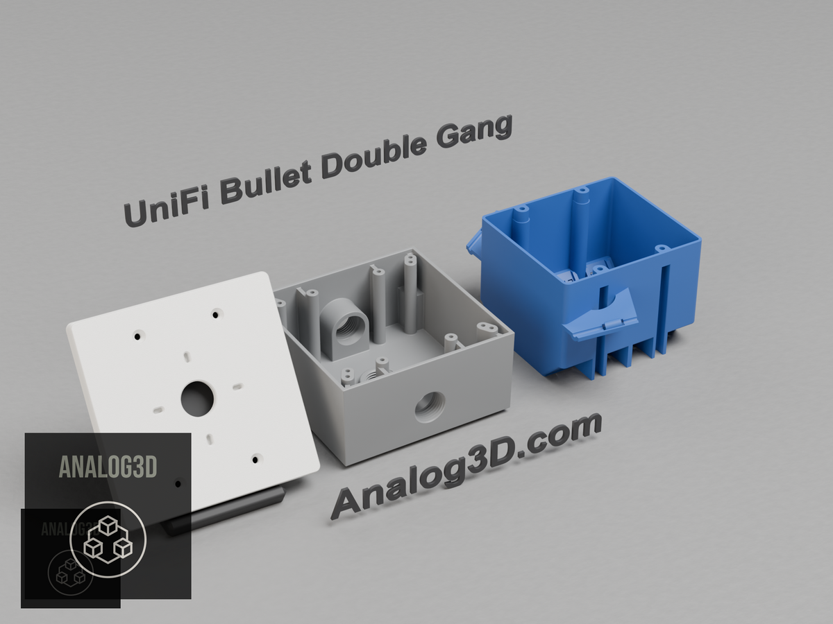 3D printed UniFi Bullet double gang electrical box adapter on a display stand with DG junction boxes - Analog3D