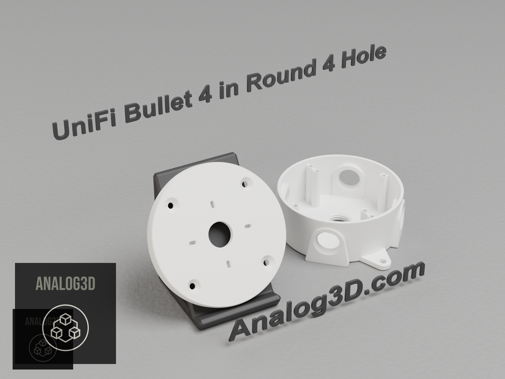 3D printed UniFi Bullet 4 inch round electrical box adapter on a display stand with a metal weatherproof round box - Analog3D