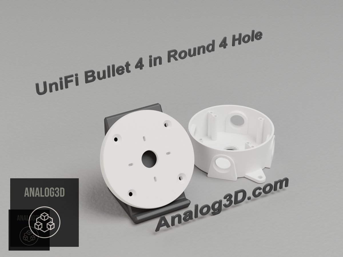 3D printed UniFi Bullet 4 inch round electrical box adapter on a display stand with a metal weatherproof round box - Analog3D