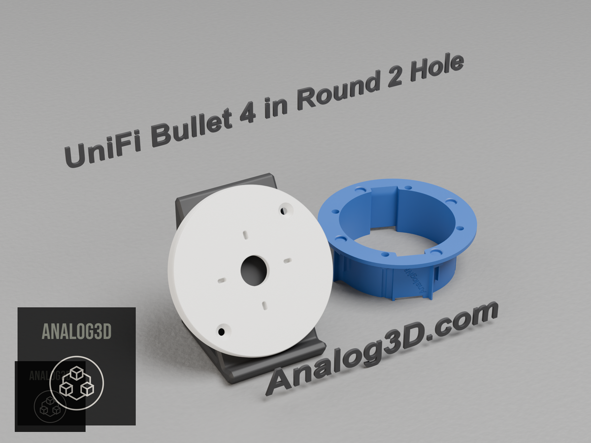 3D printed UniFi Bullet 4 inch round 2 hole electrical box adapter on a display stand with an old-work ring - Analog3D