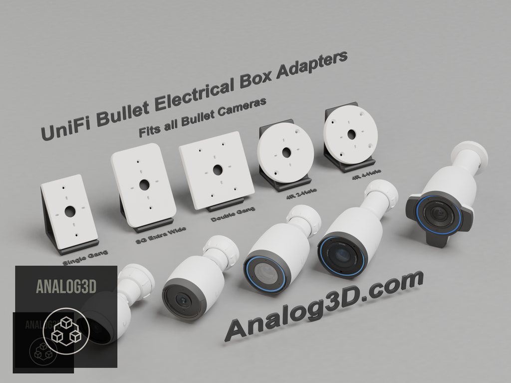 3D printed UniFi Bullet electrical box adapter mounts for all bullet cameras on display stands - White PETG - Analog3D