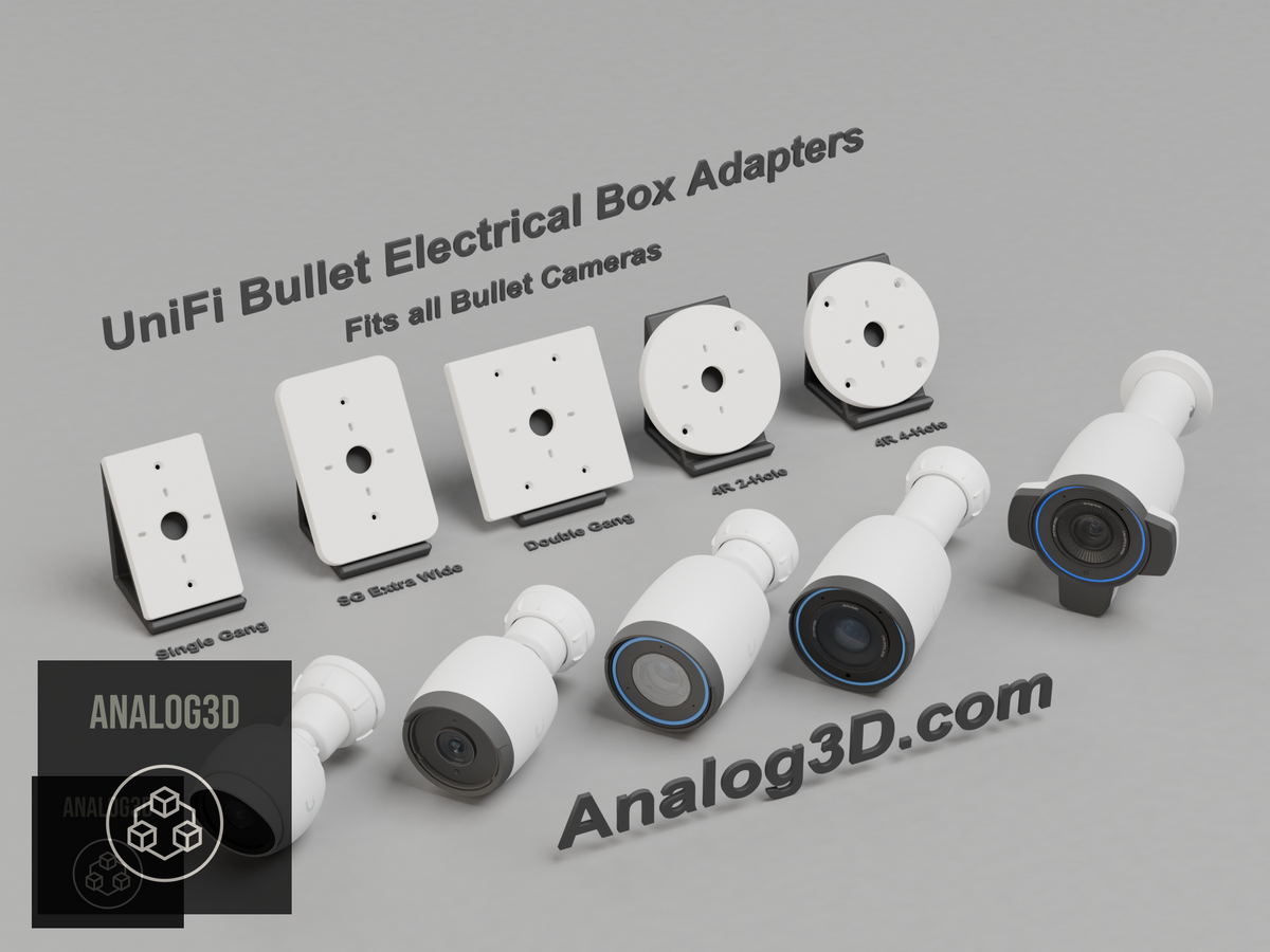 3D printed UniFi Bullet electrical box adapter mounts for all bullet cameras on display stands - White PETG - Analog3D