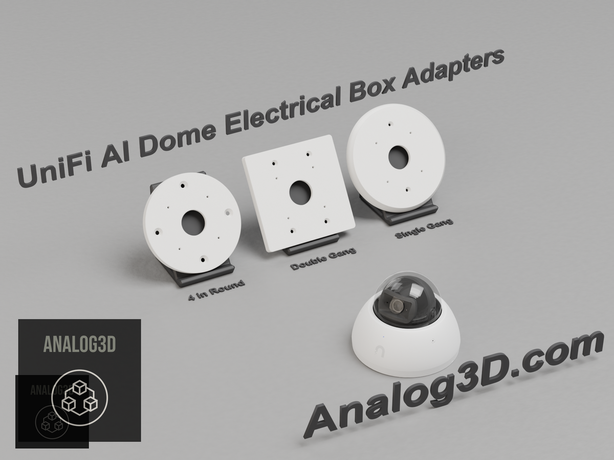 3D printed UniFi AI Dome electrical box adapter mounts on display stands - White PETG - Analog3D