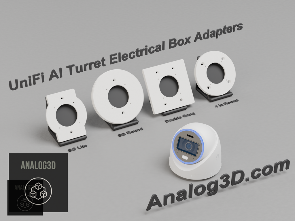 3D printed UniFi AI Turret electrical box adapter mounts on display stands - White PETG - Analog3D