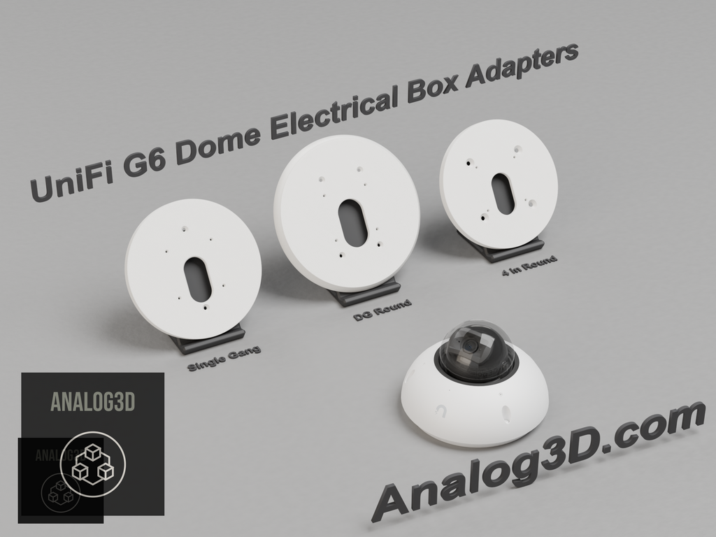 3D printed UniFi G6 Dome electrical box adapter mounts on display stands - White PETG - Analog3D