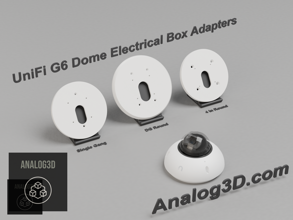 3D printed UniFi G6 Dome electrical box adapter mounts on display stands - White PETG - Analog3D