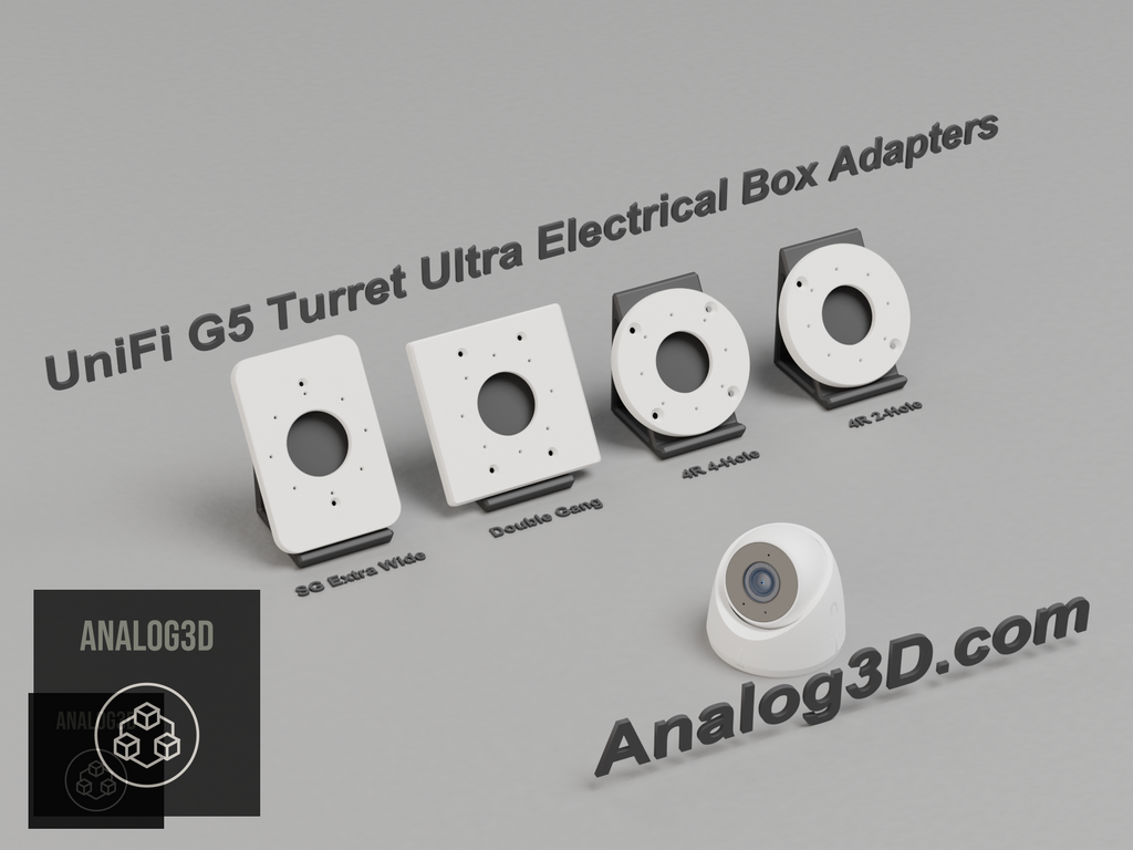 3D printed UniFi G5 Turret Ultra electrical box adapter mounts on display stands - White PETG - Analog3D