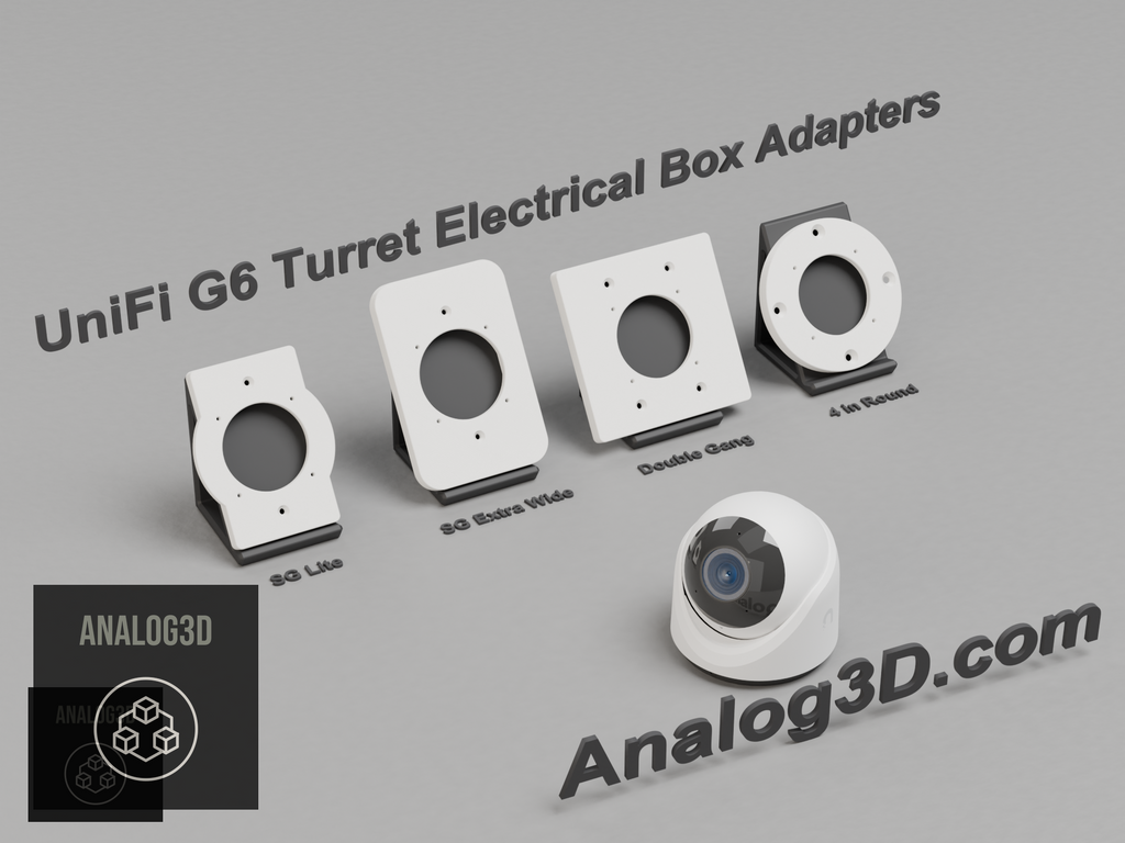3D printed UniFi G6 Turret electrical box adapter mounts on display stands - White PETG - Analog3D