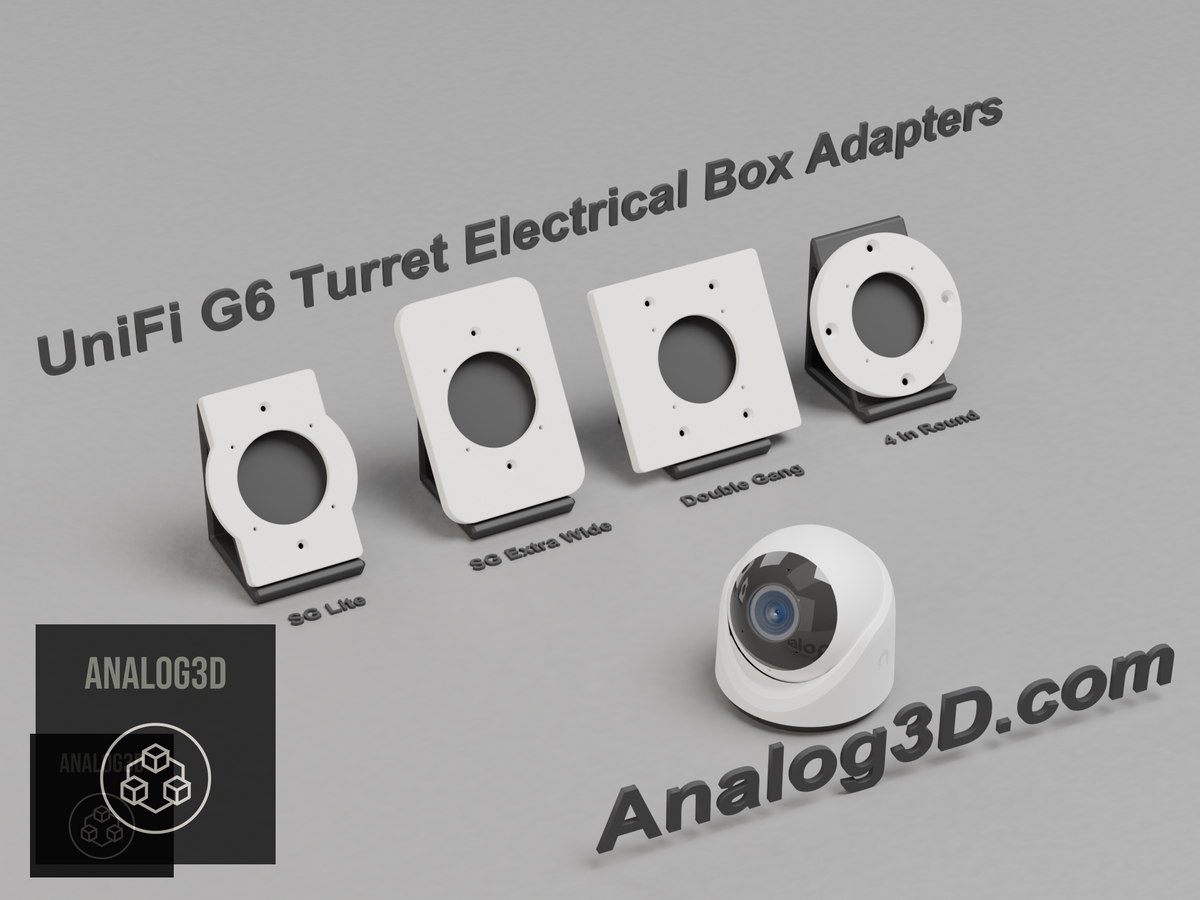 3D printed UniFi G6 Turret electrical box adapter mounts on display stands - White PETG - Analog3D