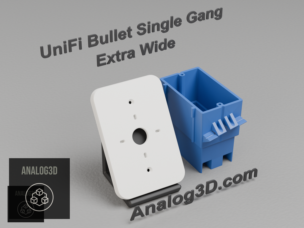 3D printed UniFi Bullet single gang extra wide electrical box adapter on a display stand with a blue in-wall box - Analog3D
