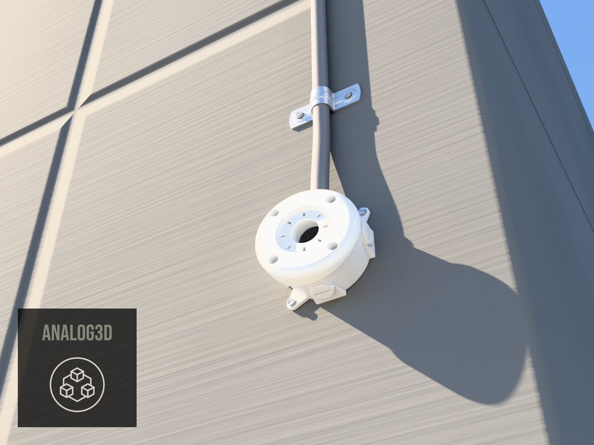 Angled 4 inch round box mount for Ubiquiti bullet camera, 10 degree, installed on a concrete wall