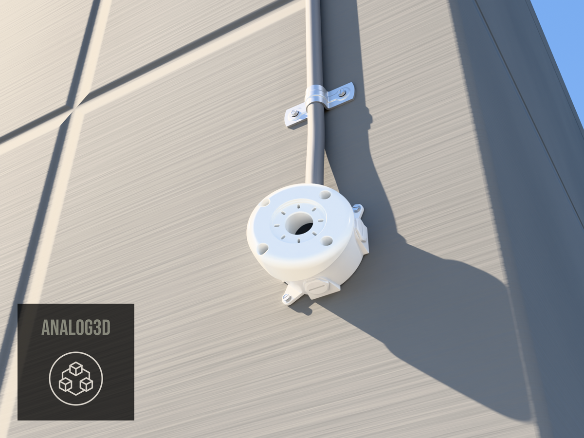 Angled 4 inch round box mount for Ubiquiti bullet camera, 22 degree, installed on a concrete wall