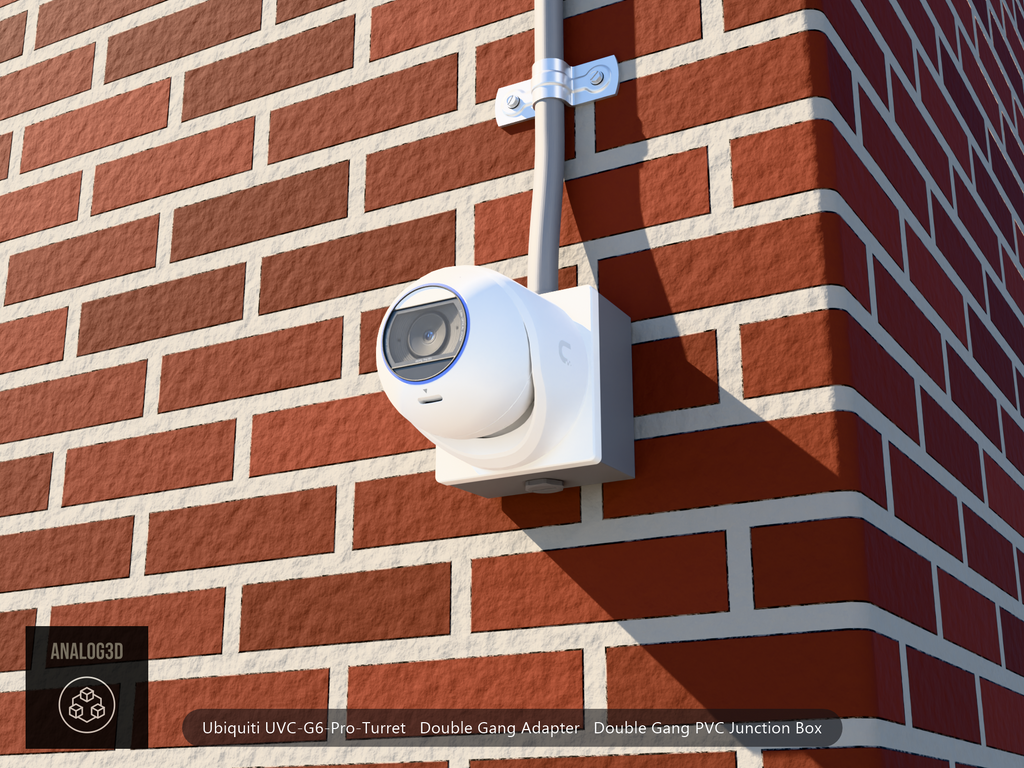 UVC-G6-Pro-Turret Double Gang electrical box adapter plate on a double gang PVC junction box with the camera installed - installed scene