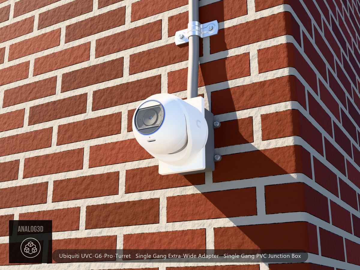 UVC-G6-Pro-Turret Single Gang Extra Wide electrical box adapter plate on a single gang PVC junction box with the camera installed - installed scene