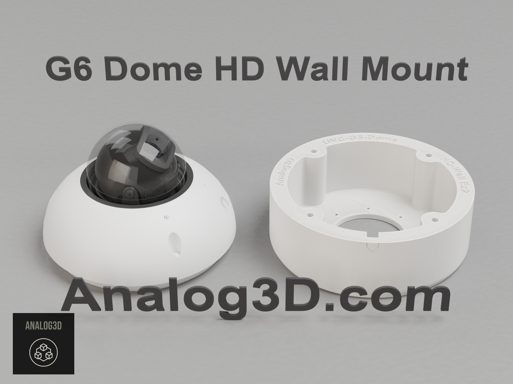 Ubiquiti UVC-G6-Dome camera next to its 3D printed heavy duty wall-ceiling mount, white PETG - Analog3D