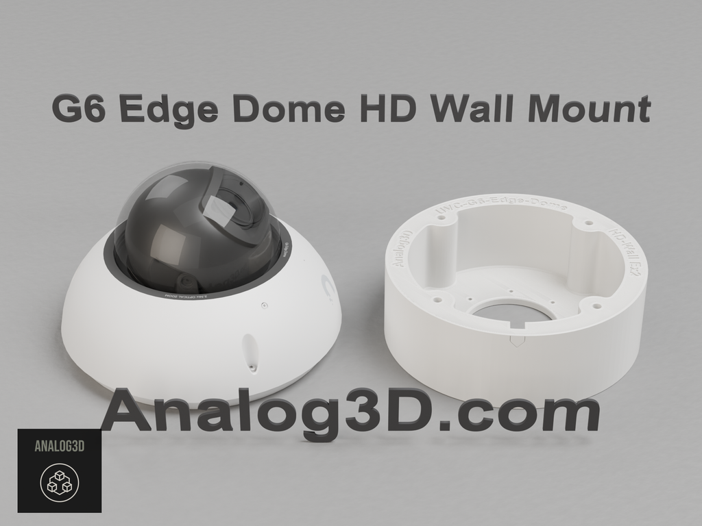 Ubiquiti UVC-G6-Edge-Dome camera next to its 3D printed heavy duty wall-ceiling mount, white PETG - Analog3D