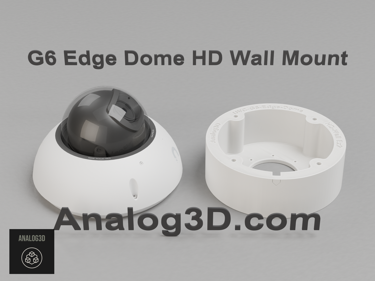 Ubiquiti UVC-G6-Edge-Dome camera next to its 3D printed heavy duty wall-ceiling mount, white PETG - Analog3D
