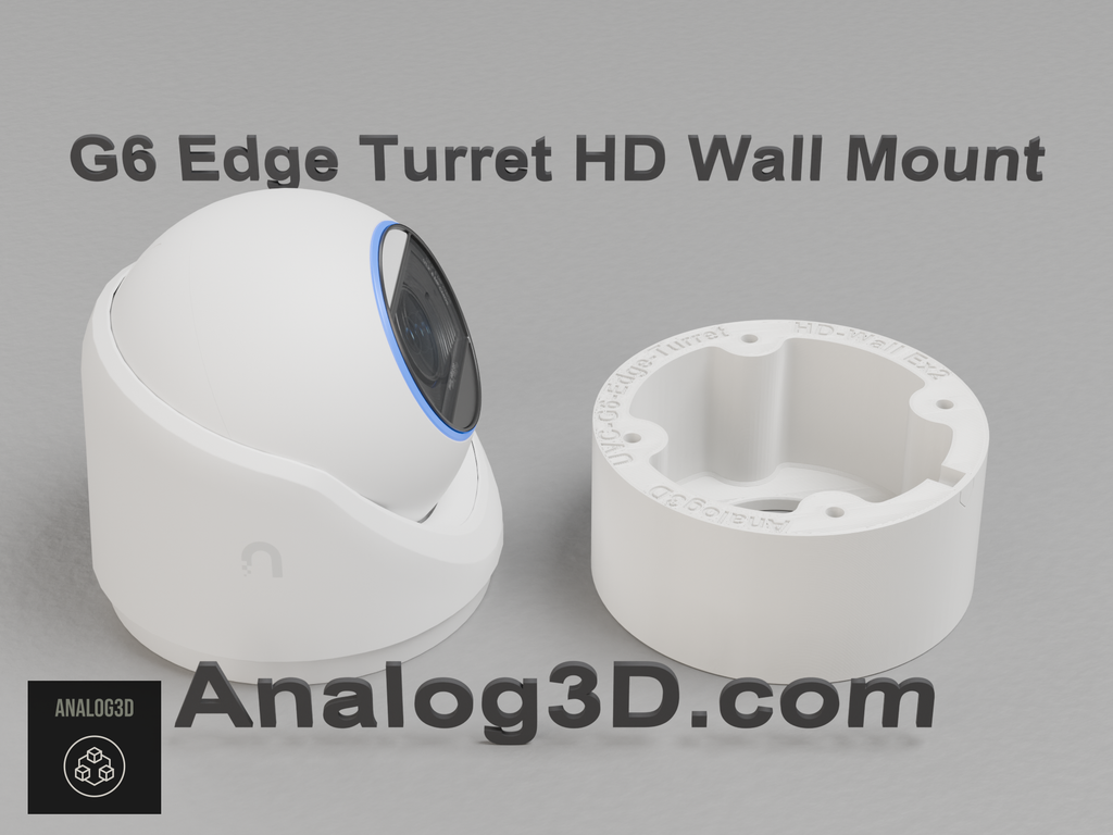 Ubiquiti UVC-G6-Edge-Turret camera next to its 3D printed heavy duty wall-ceiling mount, white PETG - Analog3D