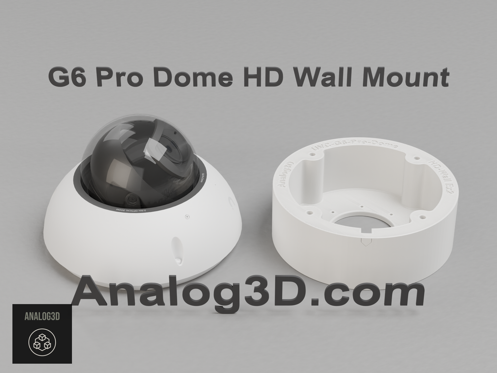 Ubiquiti UVC-G6-Pro-Dome camera next to its 3D printed heavy duty wall-ceiling mount, white PETG - Analog3D