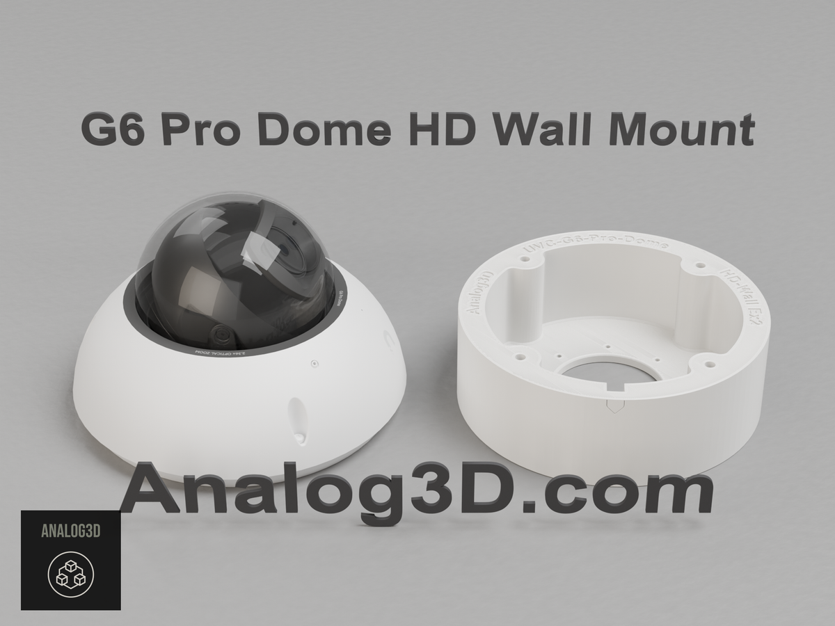 Ubiquiti UVC-G6-Pro-Dome camera next to its 3D printed heavy duty wall-ceiling mount, white PETG - Analog3D