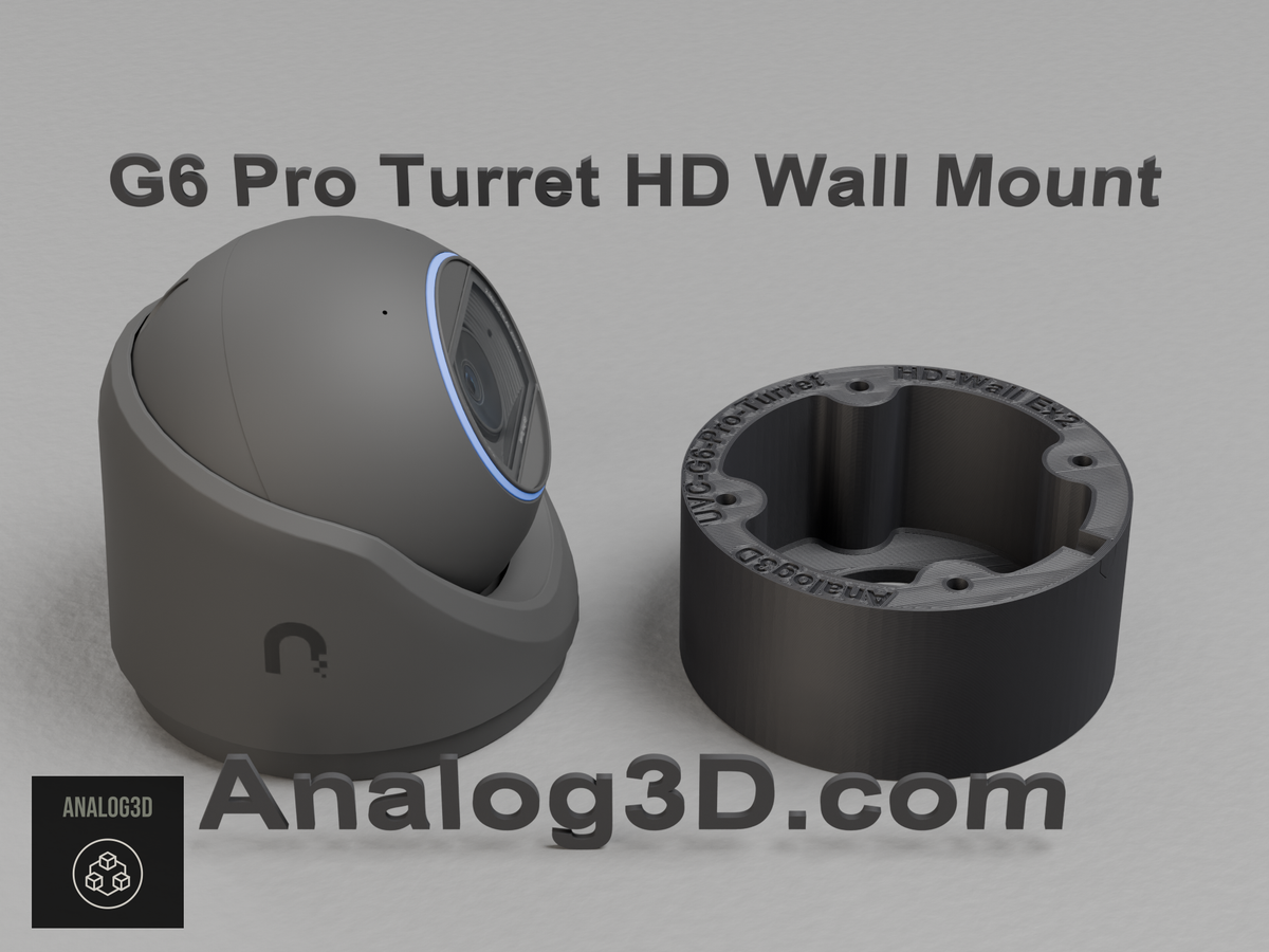 Ubiquiti UVC-G6-Pro-Turret black edition next to its 3D printed heavy duty wall-ceiling mount, black PETG - Analog3D