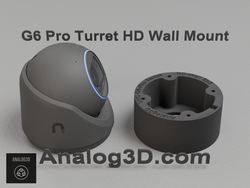 Ubiquiti UVC-G6-Pro-Turret black edition next to its 3D printed heavy duty wall-ceiling mount, black PETG carbon fiber - Analog3D