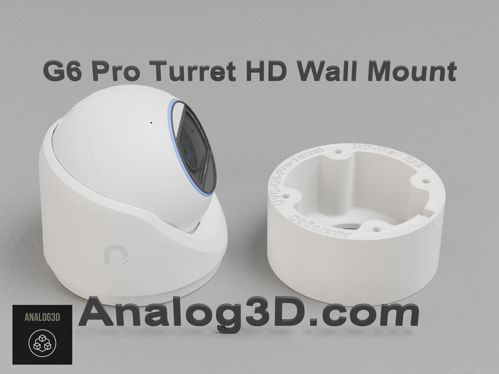 Ubiquiti UVC-G6-Pro-Turret camera next to its 3D printed heavy duty wall-ceiling mount, white PETG - Analog3D