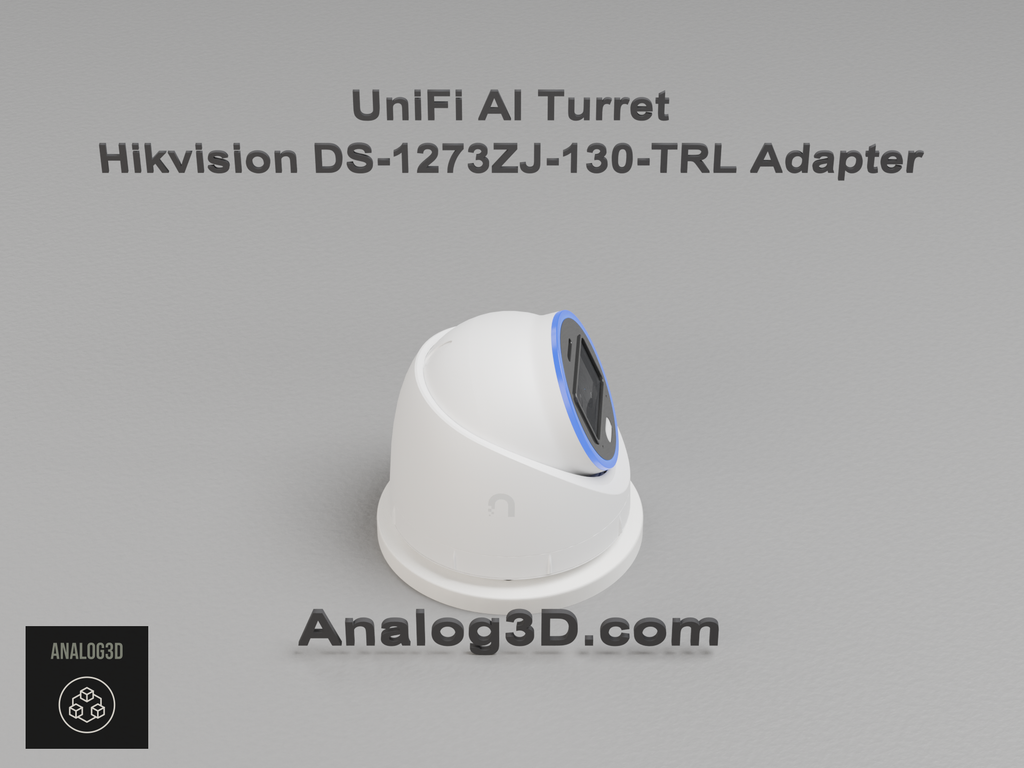 UniFi AI Turret installed on the Hikvision DS-1273ZJ-130-TRL adapter plate - white PETG