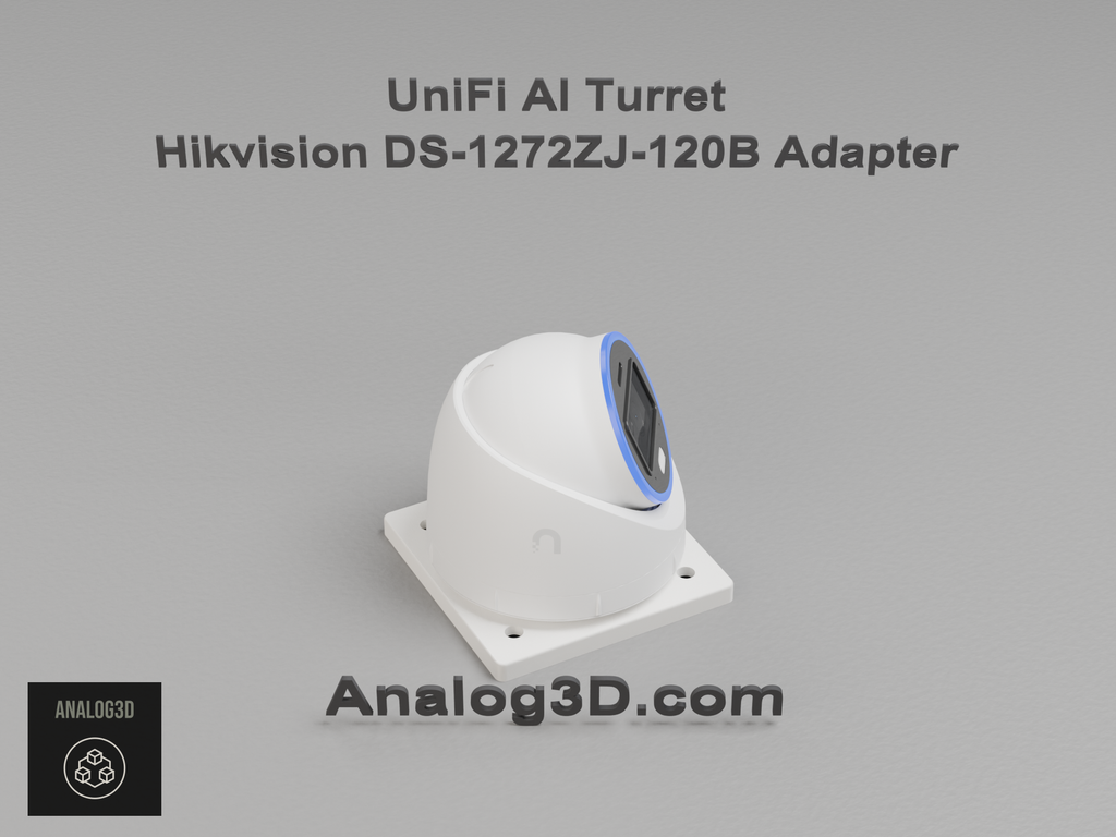 UniFi AI Turret installed on the Hikvision DS-1272ZJ-120B adapter plate - white PETG
