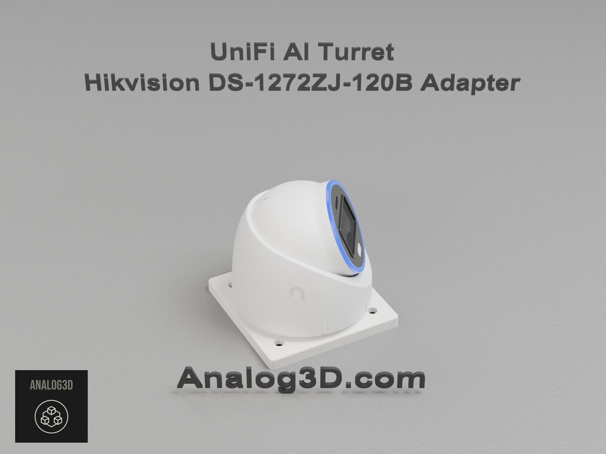 UniFi AI Turret installed on the Hikvision DS-1272ZJ-120B adapter plate - white PETG