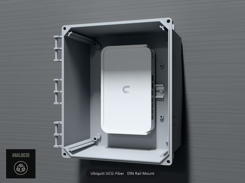 Ubiquiti UCG-Fiber on its DIN rail mount inside a wall-mounted PVC enclosure - White Polycarbonate