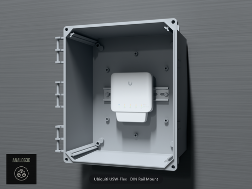 Ubiquiti USW-Flex on its DIN rail mount inside a wall-mounted PVC enclosure - White Polycarbonate
