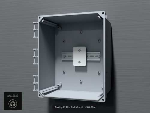 Analog3D DIN rail mount for the USW-Flex clipped to a DIN rail inside a PVC enclosure, switch removed - White Polycarbonate