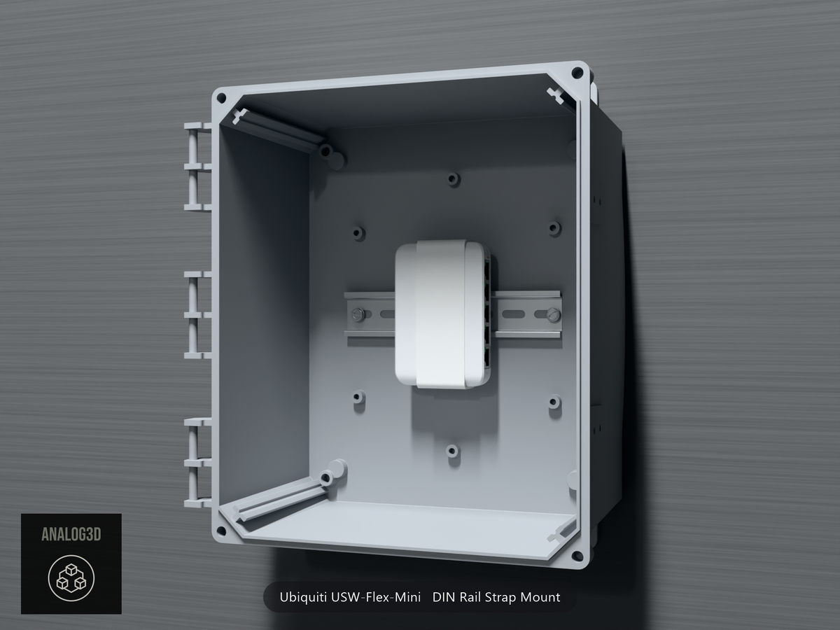 Ubiquiti USW-Flex-Mini on its 3D printed strap mount, clipped to a DIN rail inside a wall-mounted PVC enclosure - White PETG