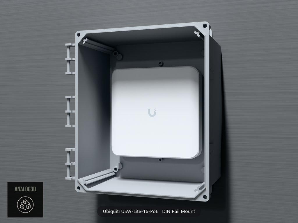 Ubiquiti USW-Lite-16-PoE on its DIN rail mount inside a wall-mounted PVC enclosure, ports down - White Polycarbonate