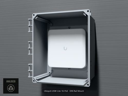 Ubiquiti USW-Lite-16-PoE on its DIN rail mount inside a wall-mounted PVC enclosure, ports down - White Polycarbonate