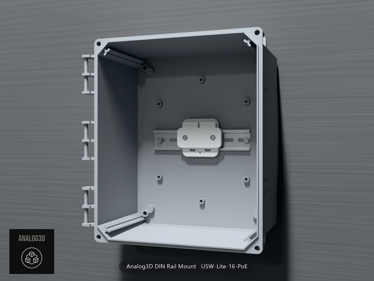 Analog3D DIN rail mount for the USW-Lite-16-PoE clipped to a DIN rail inside a PVC enclosure, switch removed - White Polycarbonate
