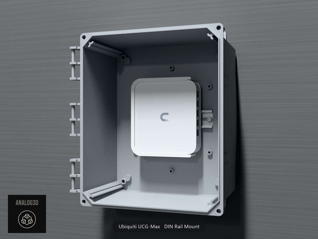 Ubiquiti UCG-Max on its DIN rail mount inside a wall-mounted PVC enclosure - White Polycarbonate