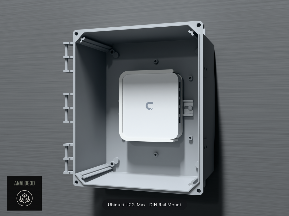 Ubiquiti UCG-Max on its DIN rail mount inside a wall-mounted PVC enclosure - White Polycarbonate