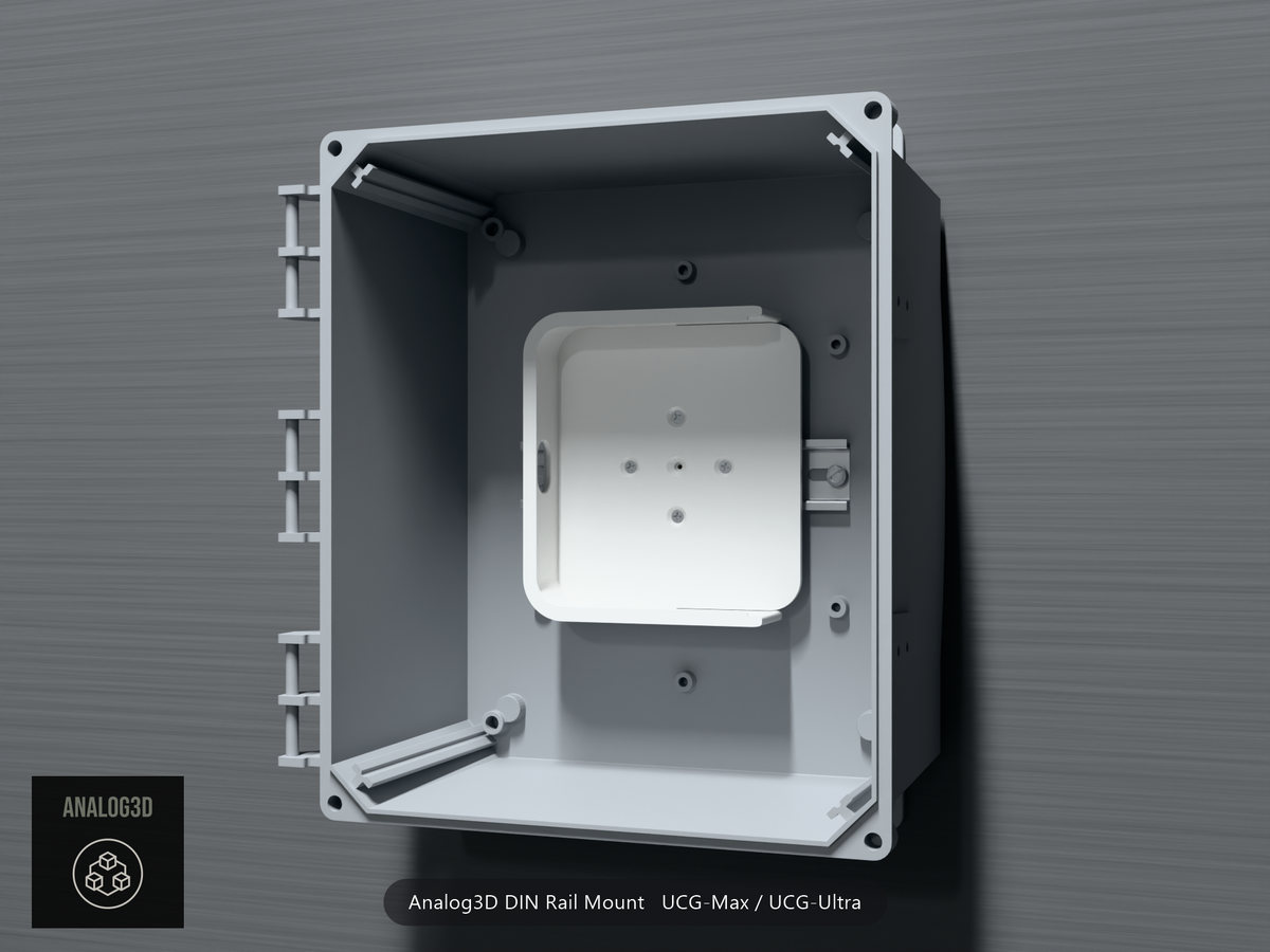 Analog3D DIN rail mount for the UCG-Max and UCG-Ultra clipped to a DIN rail inside a PVC enclosure, router removed - White Polycarbonate