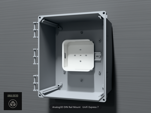 Analog3D DIN rail mount for the UniFi Express 7 clipped to a DIN rail inside a PVC enclosure, router removed - White Polycarbonate