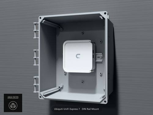 Ubiquiti UniFi Express 7 on its DIN rail mount inside a wall-mounted PVC enclosure - White Polycarbonate